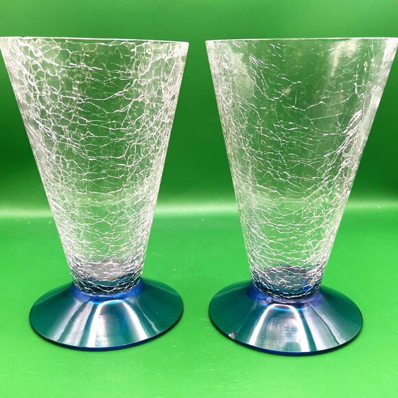 Mid Century Barware Drinking Glasses Crackle Glass Cone Shape Blue Base Set of 2 - Picture 1 of 13